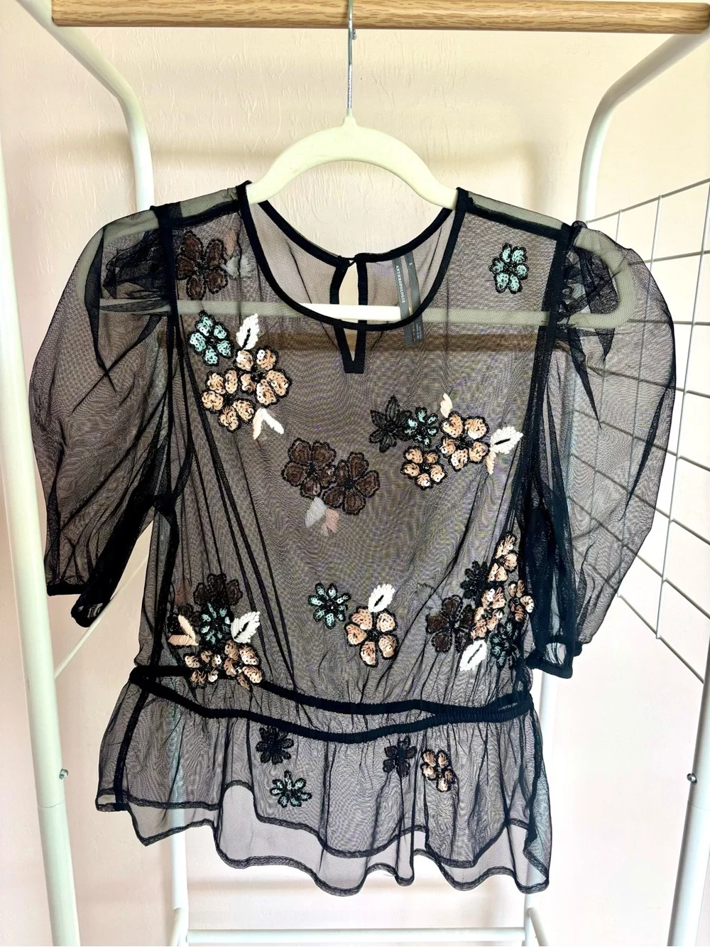 Anthropologie Black Sheer Floral Embroidered Peplum Blouse